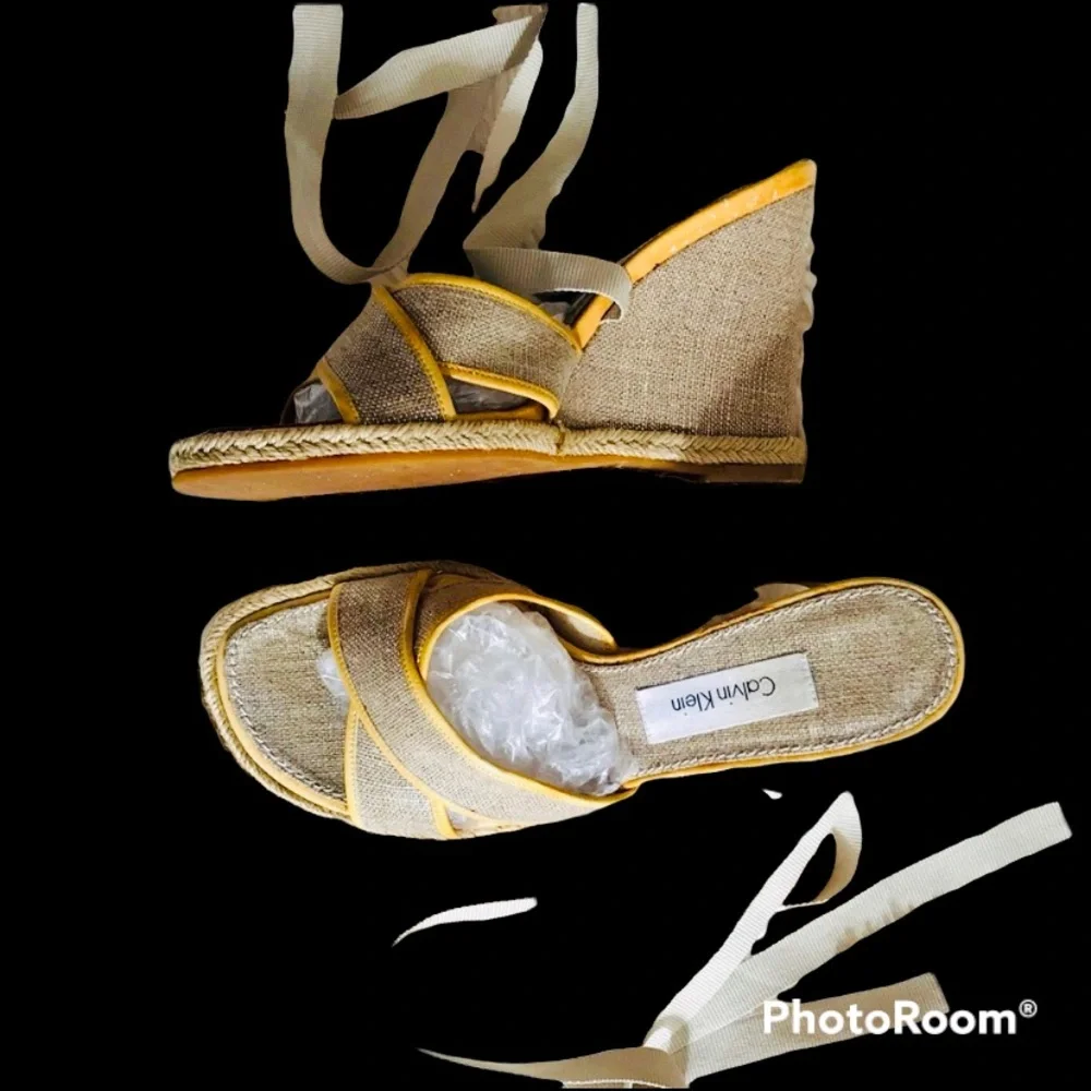 Calvin Klein Sandals Wrap Gladiator Wedge Platform Espadrille Tan Sz 6.5 Boho